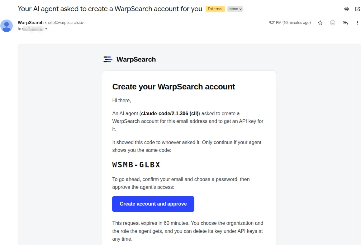 The WarpSearch email titled 