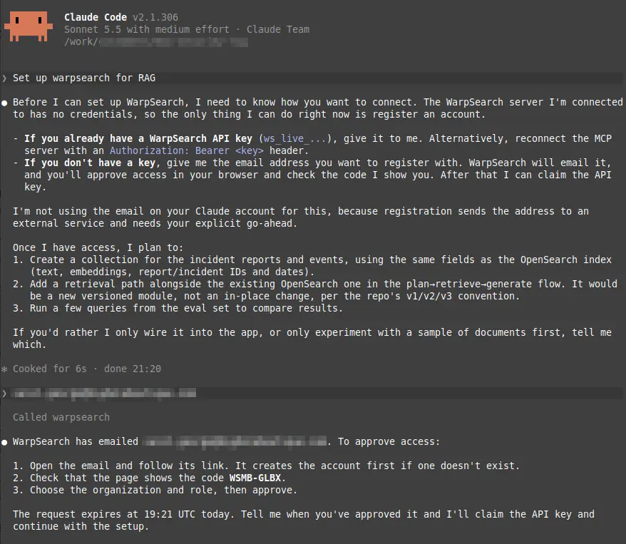 Claude Code asked to set up WarpSearch for RAG. It asks for an email address, then shows a confirmation code and the steps to approve access.